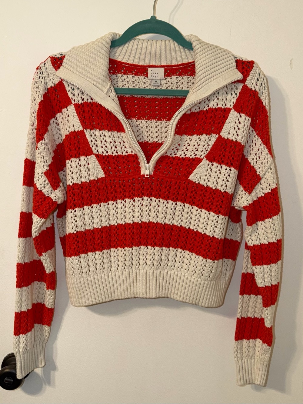 a new day Red & Cream Striped Half-Zip Cowl Sweater